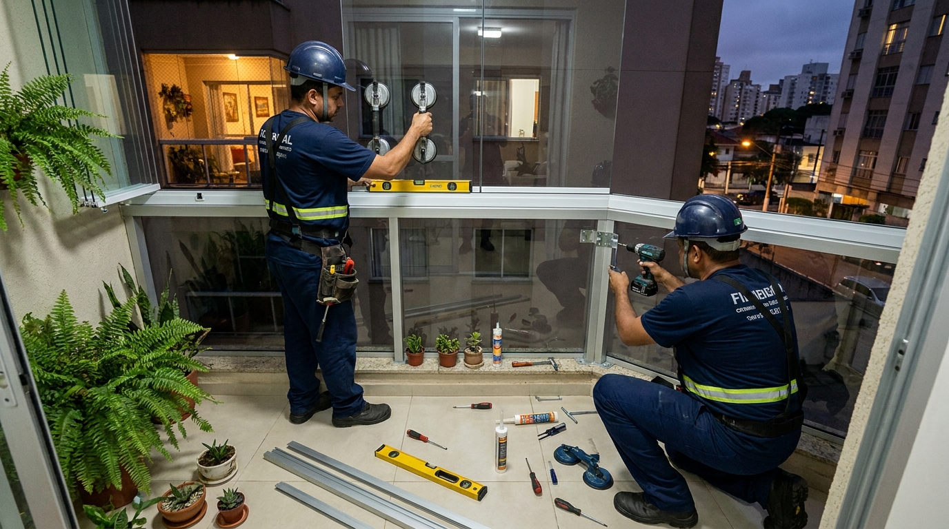 Instalação noturna de parede de vidro em Indaiatuba-SP