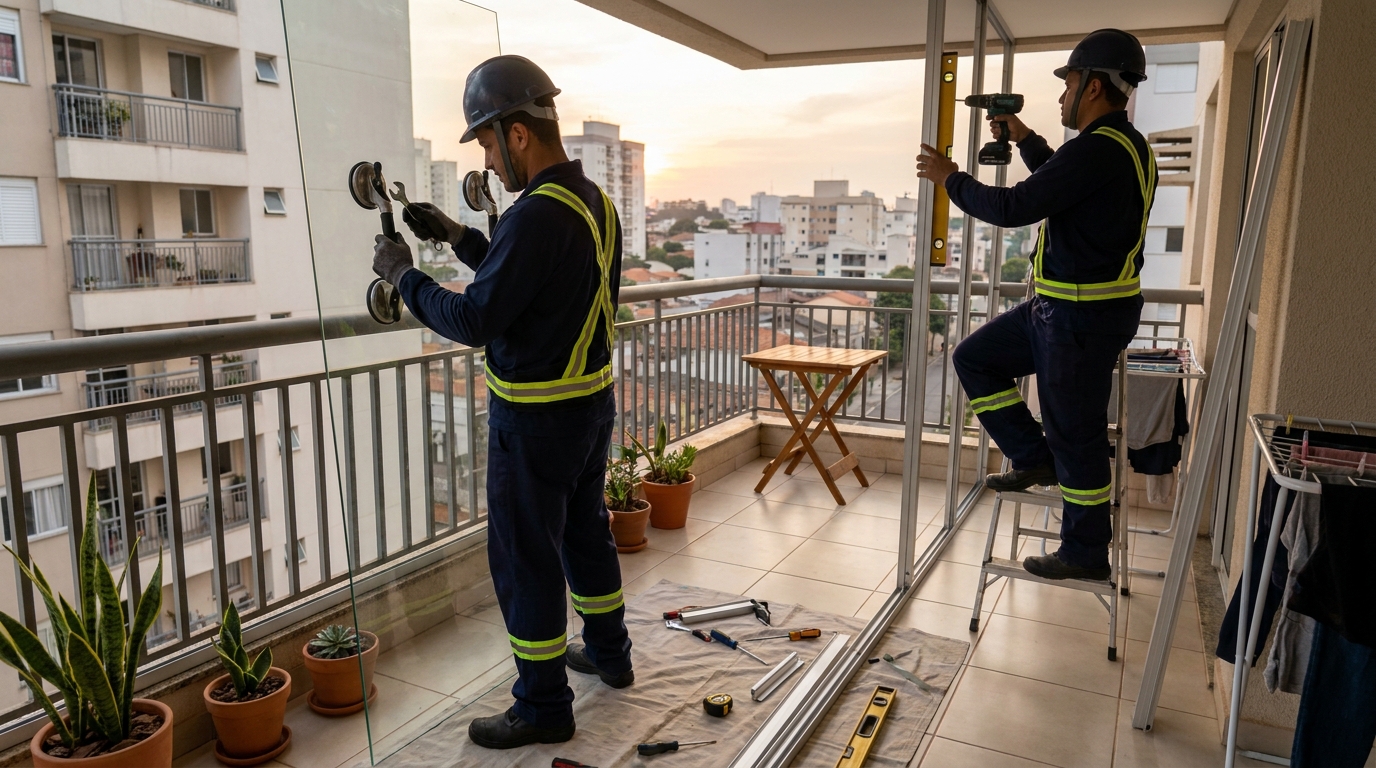 Instalação de parede de vidro em sacada em Indaiatuba-SP